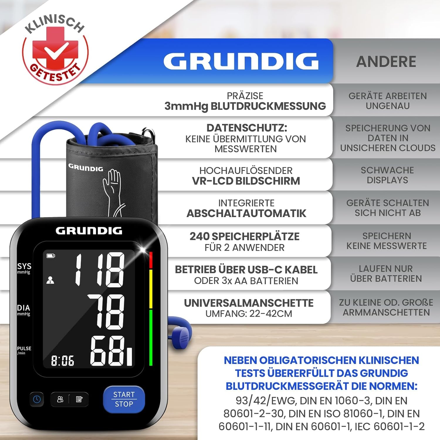 Grundig Oberarm-Blutdruckmessgerät – hochpräzises, klinisch validiertes Modell, einfache Bedienung
