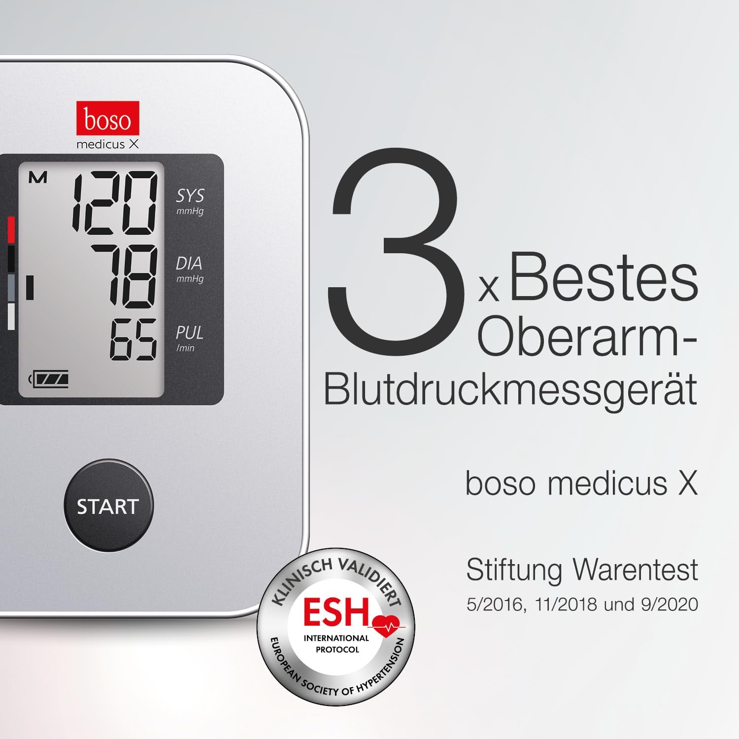 boso medicus X Oberarm-Blutdruckmessgerät – Testsieger, Ein-Knopf-Bedienung, Farbcodierte WHO-Anzeige