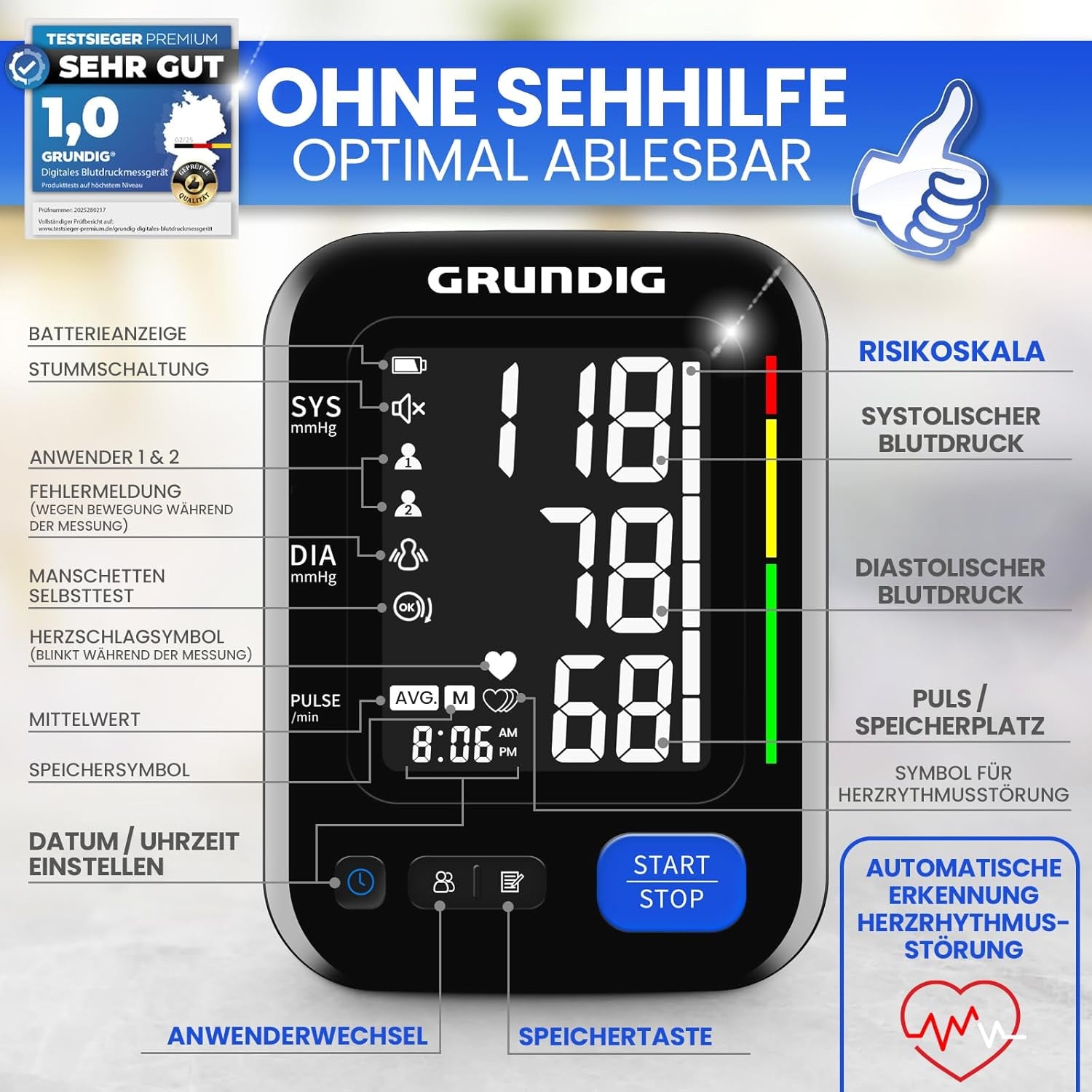 Grundig Oberarm-Blutdruckmessgerät – hochpräzises, klinisch validiertes Modell, einfache Bedienung