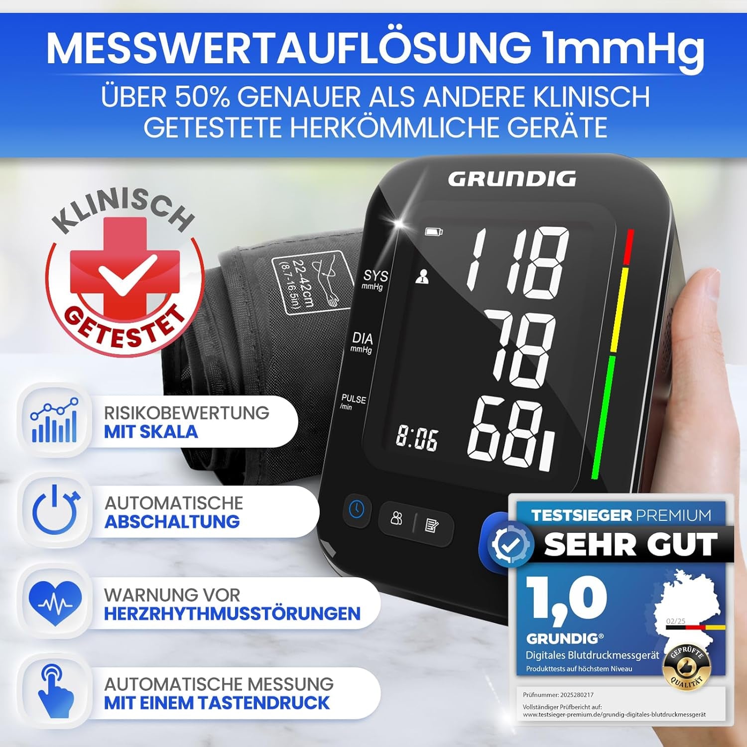 Grundig Oberarm-Blutdruckmessgerät – hochpräzises, klinisch validiertes Modell, einfache Bedienung