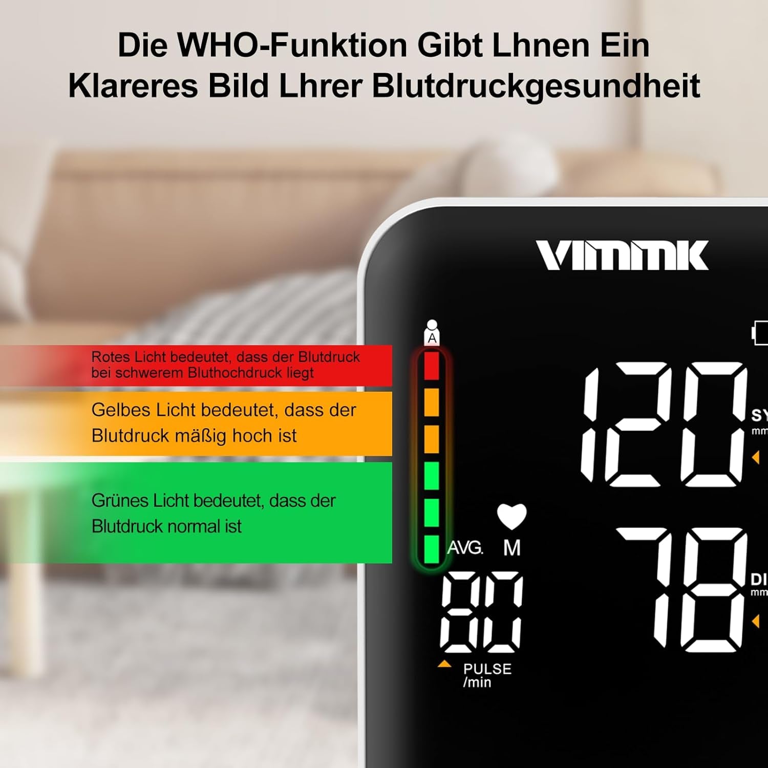 Vimmk Oberarm-Blutdruckmessgerät – digitales Modell mit LED-Display & WHO-Farbskala, Arrhythmie-Erkennung