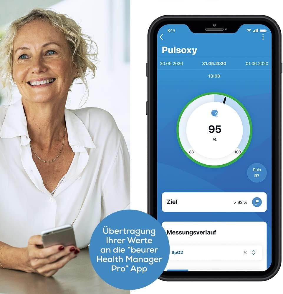 Beurer PO 60 Pulsoximeter Mit Bluetooth, Ermittlung Der Arteriellen Sauerstoffsättigung Im Blut