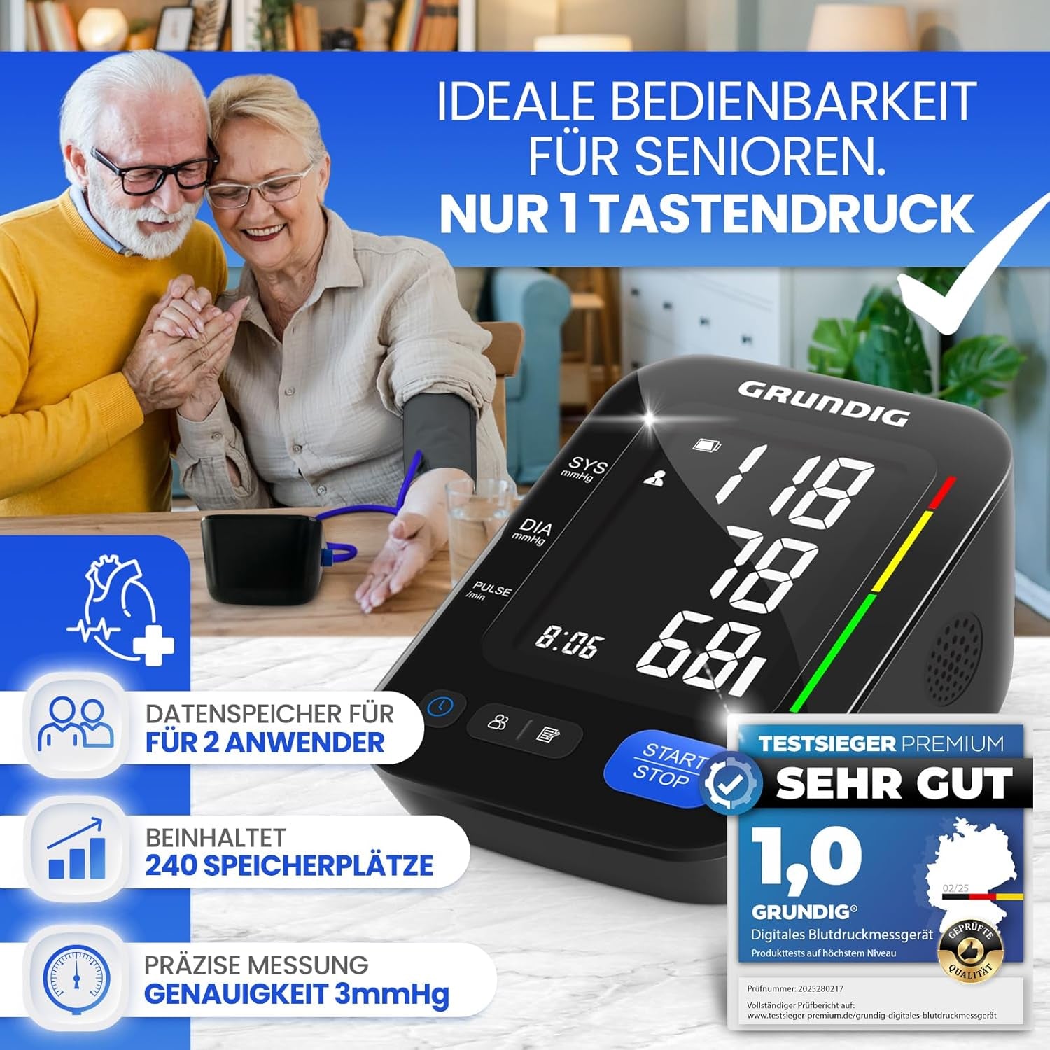 Grundig Oberarm-Blutdruckmessgerät – hochpräzises, klinisch validiertes Modell, einfache Bedienung