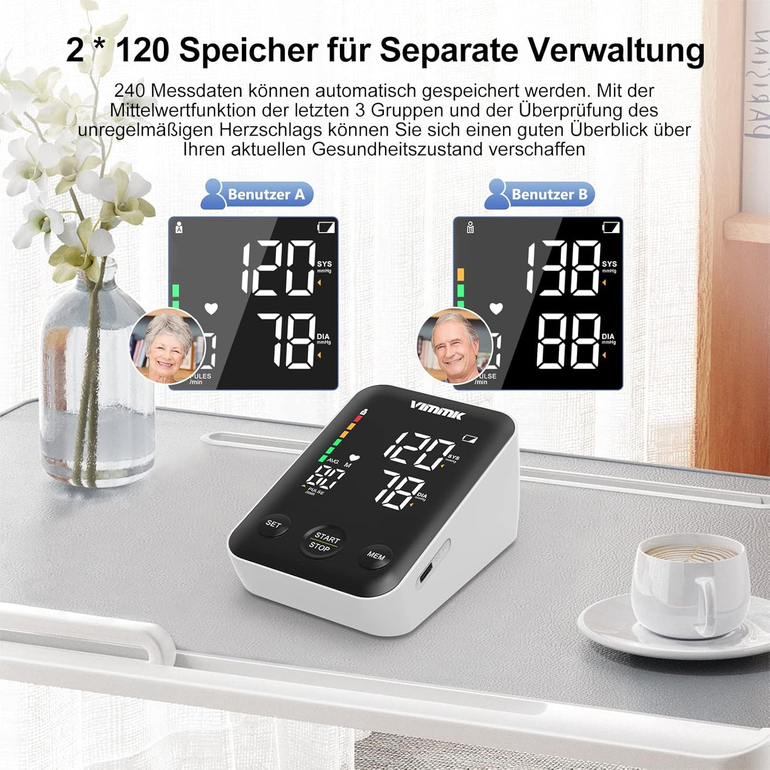 Vimmk Oberarm-Blutdruckmessgerät – digitales Modell mit LED-Display & WHO-Farbskala, Arrhythmie-Erkennung