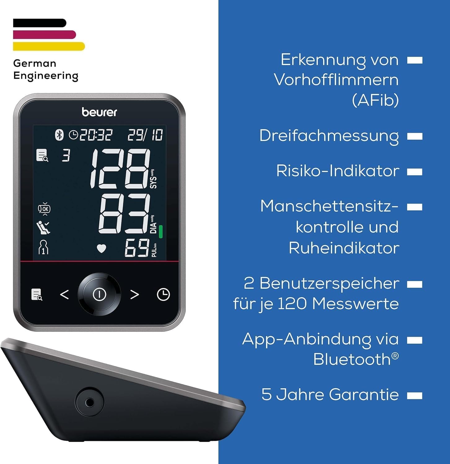 Beurer BM 64 Oberarm-Blutdruckmessgerät – Vollautomatisch, Arrhythmie-Erkennung, Bluetooth