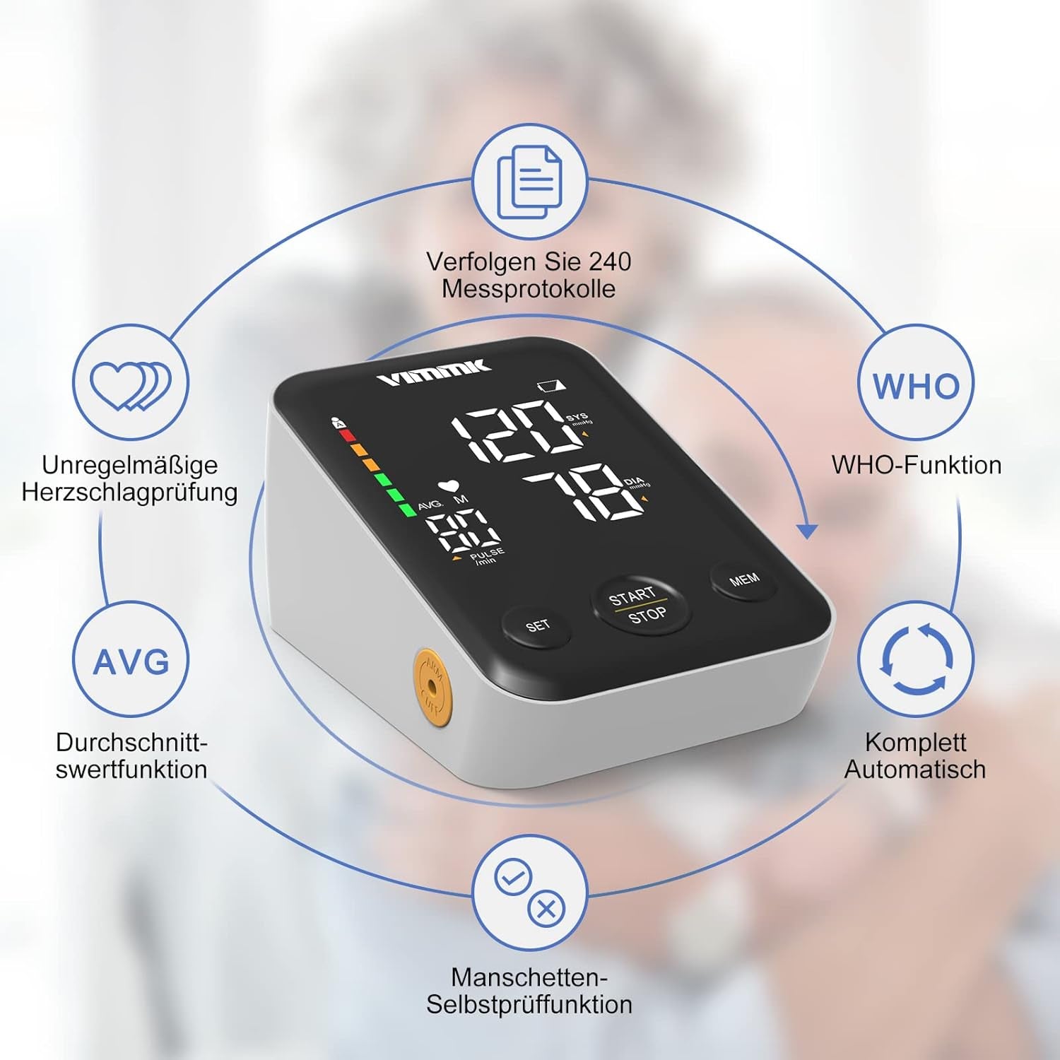 Vimmk Oberarm-Blutdruckmessgerät – digitales Modell mit LED-Display & WHO-Farbskala, Arrhythmie-Erkennung