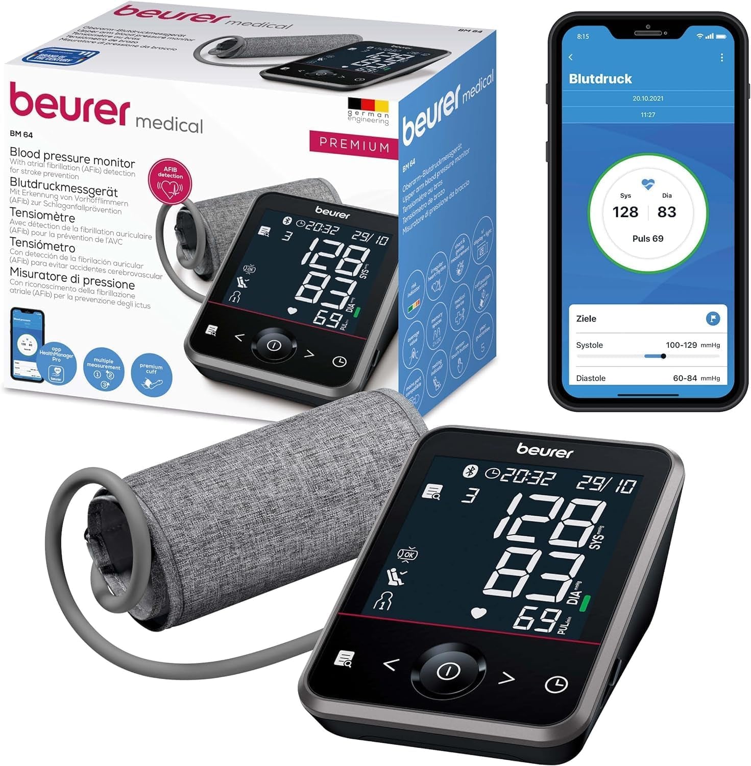 Beurer BM 64 Oberarm-Blutdruckmessgerät – Vollautomatisch, Arrhythmie-Erkennung, Bluetooth