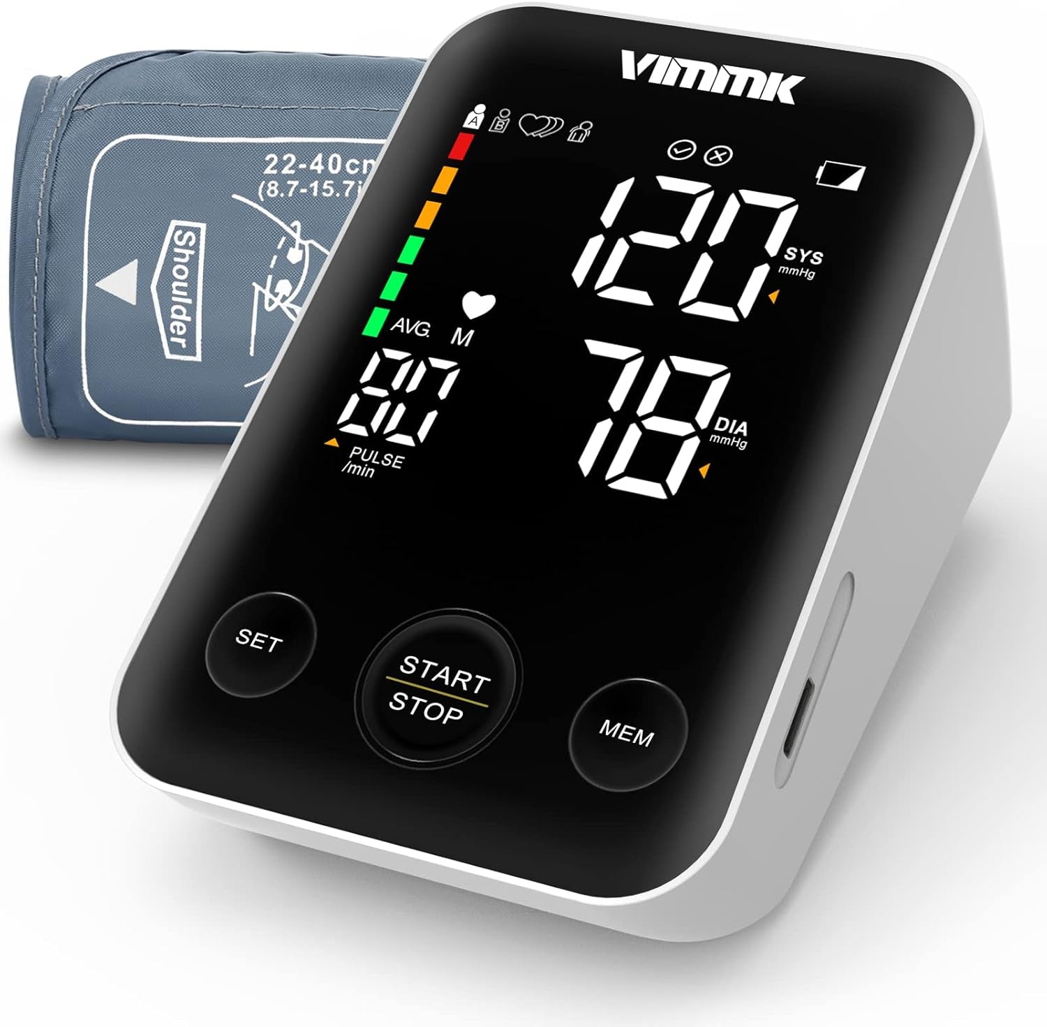 Vimmk Oberarm-Blutdruckmessgerät – digitales Modell mit LED-Display & WHO-Farbskala, Arrhythmie-Erkennung