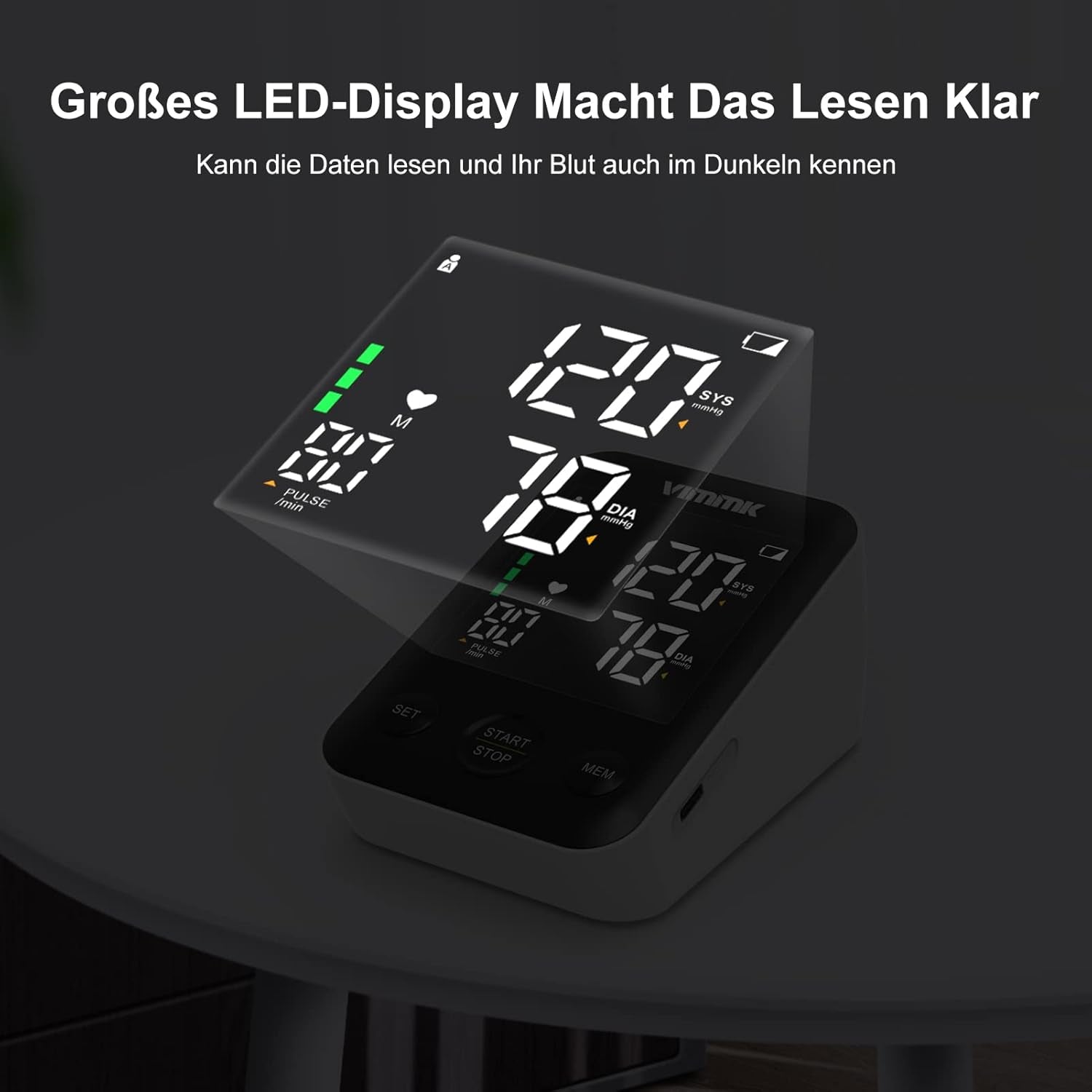 Vimmk Oberarm-Blutdruckmessgerät – digitales Modell mit LED-Display & WHO-Farbskala, Arrhythmie-Erkennung